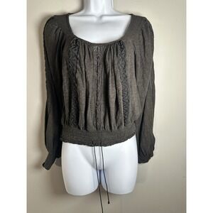 Free People Phoebe Smocked Waist Lace-Up Back Boho Peasant Top - Brown - XS